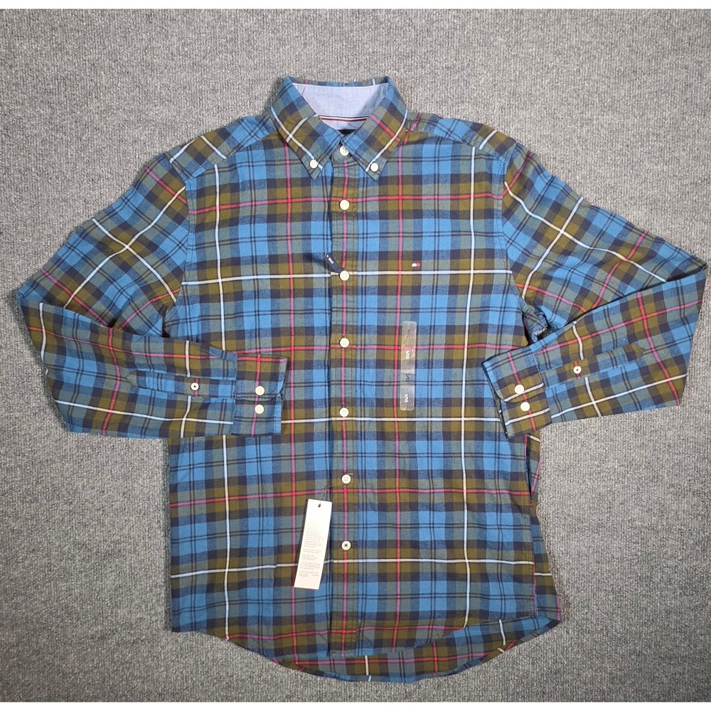 Tommy Hilfiger Mens Blue Plaid Flannel Shirt Classic‎ Fit Button Down NWT Small